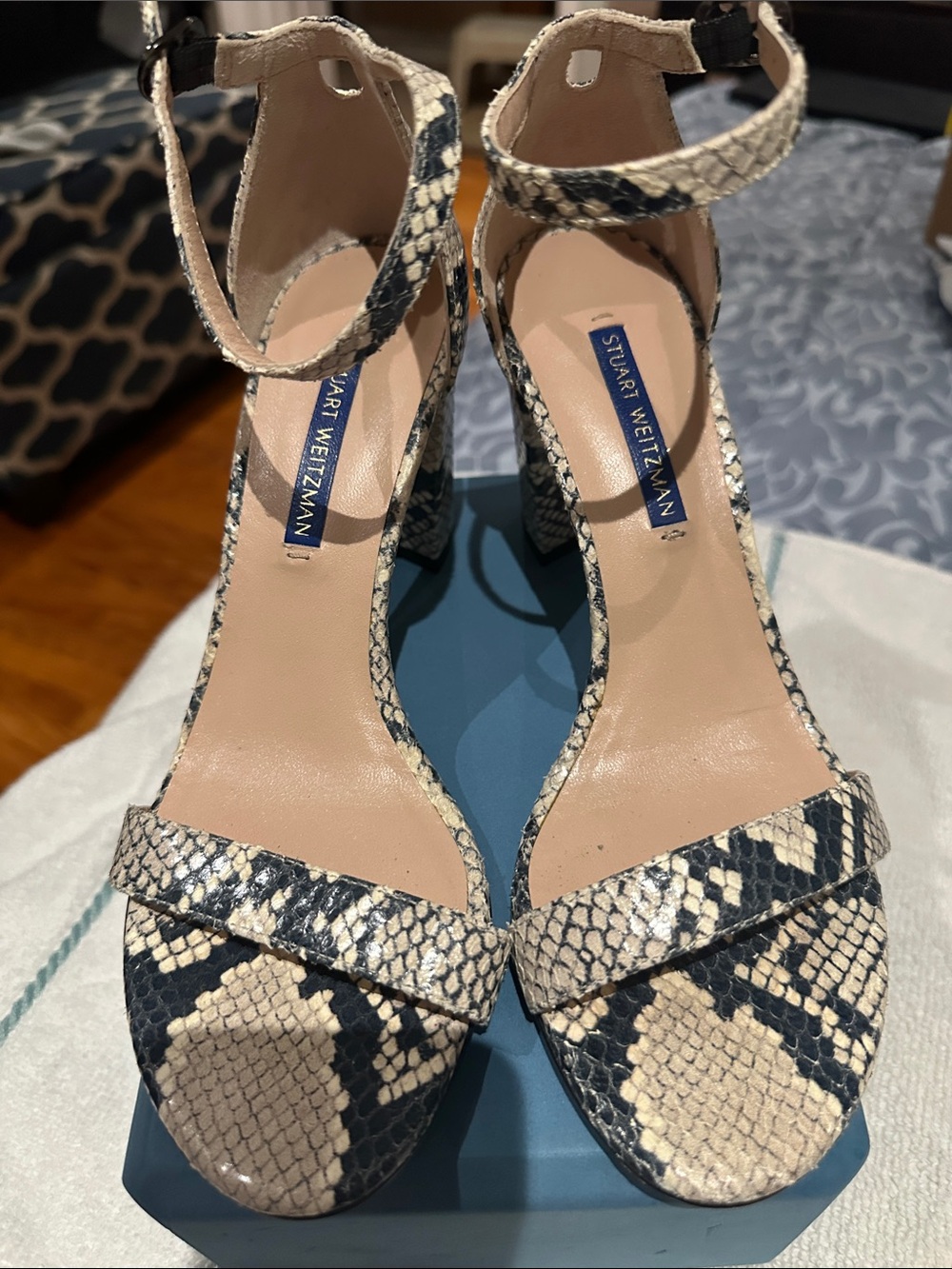 Stuart Weitzman Snake-Print Ankle Strap Heels in Black and Cream